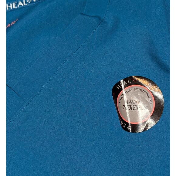 Heal Wear Scrub Top Womens Medium Blue V Neck 4 Way Stretch Medical Shirt - Picture 6 of 9